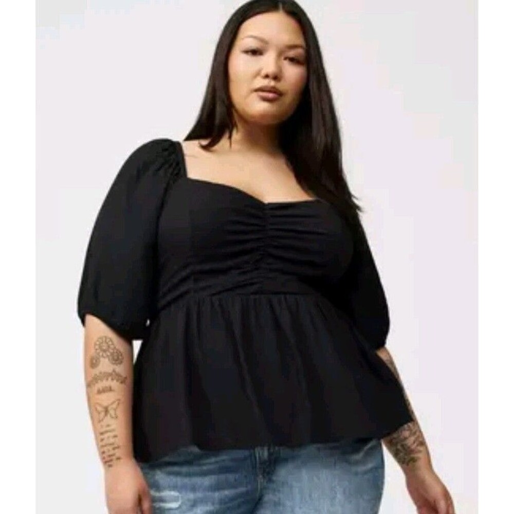 Torrid Top Shirt 3X Adult Plus Black Peplum Puffed Sleeve Button Up Blouse Women